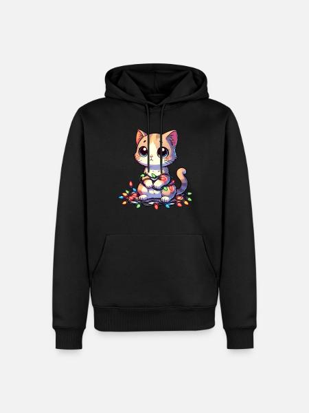 Weihnachtskatze Verheddert in Lichterketten - - Männer Premium Bio Hoodie - Schwarz