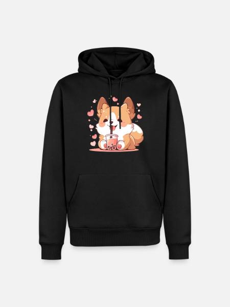 Kawaii Corgi Dog Drinks Boba Bubble Tea Chibi - Men’s Premium Organic Hoodie - black