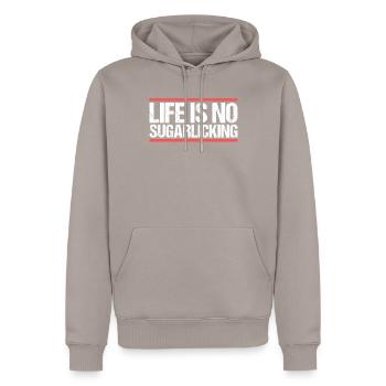 Life is no sugarlicking. Denglish - Men’s Premium Organic Hoodie - taupe - Front - Nico (187cm)