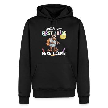 Faultier Schulanfang mit Roller Lustiger Spruch - Männer Premium Bio Hoodie - Schwarz - Vorne - Nico (187cm)
