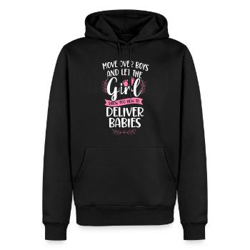 Infirmière spécialisée dans le travail et l’accouchement - Sweat à capuche Premium bio Homme - noir - Devant - Nico (187cm)