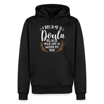Doula accoucheuse Je suis devenue une - Sweat à capuche Premium bio Homme - noir - Devant - Nico (187cm)