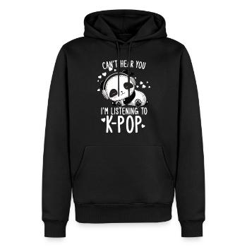 Je ne t’entends pas, j’écoute des produits Kpop - Sweat à capuche Premium bio Homme - noir - Devant - Nico (187cm)