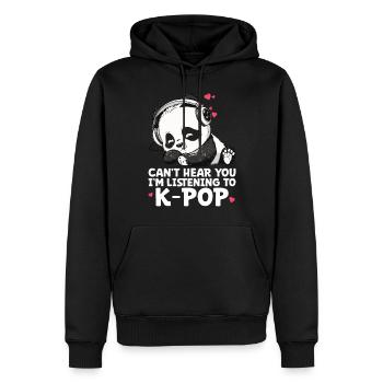 Je ne t’entends pas, j’écoute des produits Kpop - Sweat à capuche Premium bio Homme - noir - Devant - Nico (187cm)