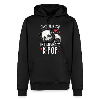 Je ne t’entends pas, j’écoute des produits Kpop - Sweat à capuche Premium bio Homme - noir - Devant - Nico (187cm)