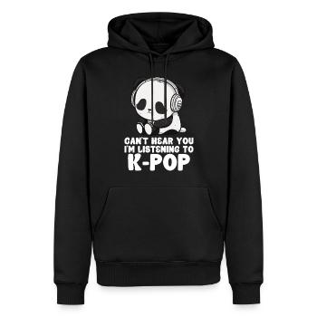 Je ne t’entends pas, j’écoute des produits Kpop - Sweat à capuche Premium bio Homme - noir - Devant - Nico (187cm)