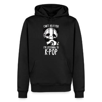 Je ne t’entends pas, j’écoute des produits Kpop - Sweat à capuche Premium bio Homme - noir - Devant - Nico (187cm)