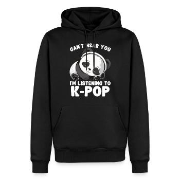 Je ne t’entends pas, j’écoute des produits Kpop - Sweat à capuche Premium bio Homme - noir - Devant - Nico (187cm)