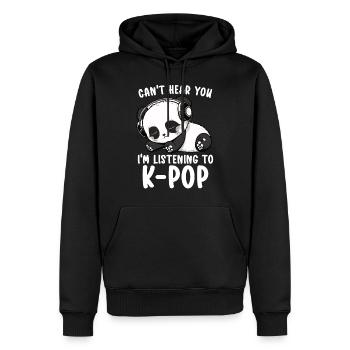 Je ne t’entends pas, j’écoute des produits Kpop - Sweat à capuche Premium bio Homme - noir - Devant - Nico (187cm)