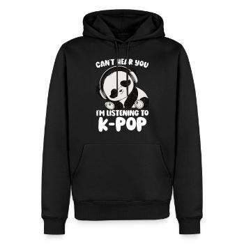 Je ne t’entends pas, j’écoute des produits Kpop - Sweat à capuche Premium bio Homme - noir - Devant - Nico (187cm)