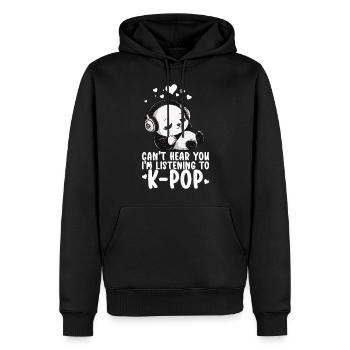 Je ne t’entends pas, j’écoute des produits Kpop - Sweat à capuche Premium bio Homme - noir - Devant - Nico (187cm)