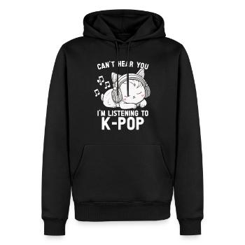 Je ne t’entends pas, j’écoute des produits Kpop - Sweat à capuche Premium bio Homme - noir - Devant - Nico (187cm)