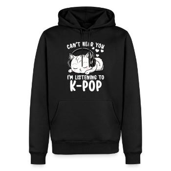 Je ne t’entends pas, j’écoute des produits Kpop - Sweat à capuche Premium bio Homme - noir - Devant - Nico (187cm)