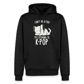 Je ne t’entends pas, j’écoute des produits Kpop - Sweat à capuche Premium bio Homme - noir - Devant - Nico (187cm)