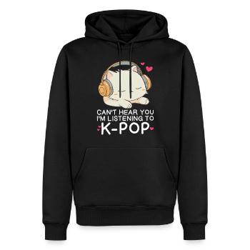 Je ne t’entends pas, j’écoute des produits Kpop - Sweat à capuche Premium bio Homme - noir - Devant - Nico (187cm)