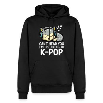 Je ne t’entends pas, j’écoute des produits Kpop - Sweat à capuche Premium bio Homme - noir - Devant - Nico (187cm)