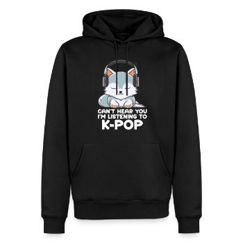 Je ne t’entends pas, j’écoute des produits Kpop - Sweat à capuche Premium bio Homme - noir - Devant - Nico (187cm)