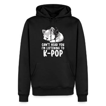 Je ne t’entends pas, j’écoute des produits Kpop - Sweat à capuche Premium bio Homme - noir - Devant - Nico (187cm)