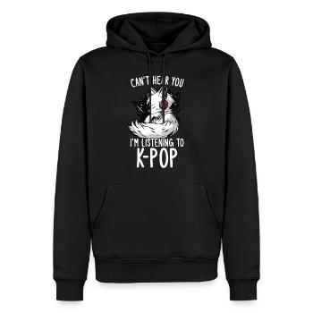 Je ne t’entends pas, j’écoute des produits Kpop - Sweat à capuche Premium bio Homme - noir - Devant - Nico (187cm)