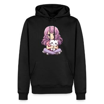 Kawaii Girl Anime Manga Fille et chat - Sweat à capuche Premium bio Homme - noir - Devant - Nico (187cm)