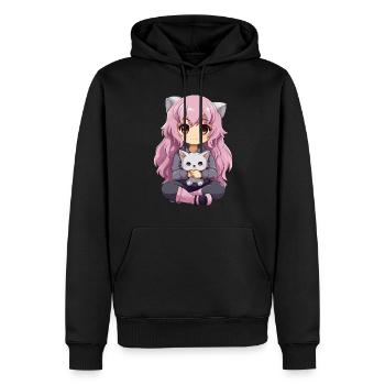 Kawaii Girl Anime Manga Fille et chat - Sweat à capuche Premium bio Homme - noir - Devant - Nico (187cm)