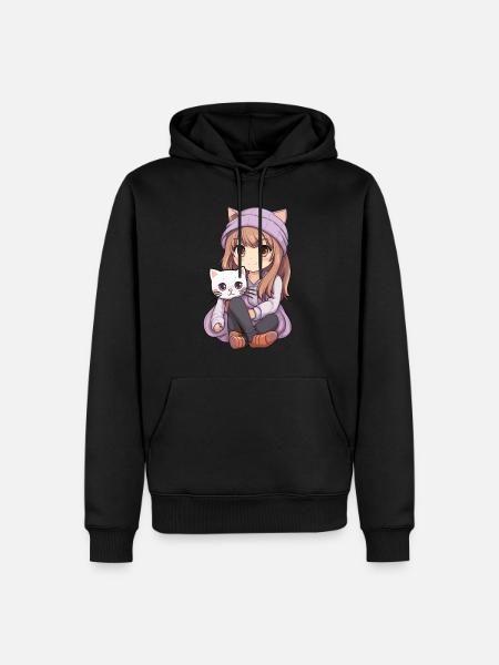 Kawaii Girl Anime Manga Fille et chat - Sweat à capuche Premium bio Homme - noir