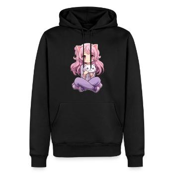 Kawaii Girl Anime Manga Fille et chat - Sweat à capuche Premium bio Homme - noir - Devant - Nico (187cm)