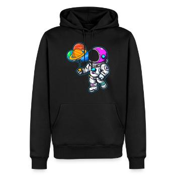 Astronaut Holding Planet Ballons Sonnensystem - Männer Premium Bio Hoodie - Schwarz - Vorne - Nico (187cm)