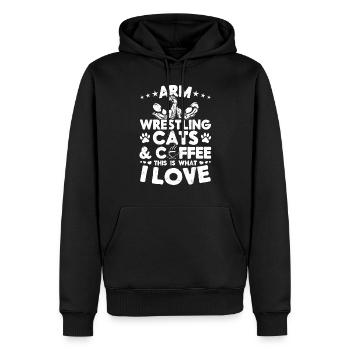 Bras de fer chats café c’est ce que j’aime - ar - Sweat à capuche Premium bio Homme - noir - Devant - Nico (187cm)