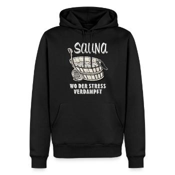 SAUNA WO DER STRESS VERDAMPFT - Männer Premium Bio Hoodie - Schwarz - Vorne - Nico (187cm)