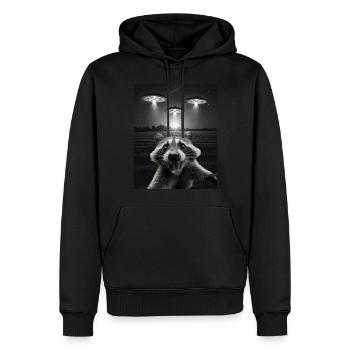 Funny raccoon selfie in front of UFOs Raccoon UFO - Men’s Premium Organic Hoodie - black - Front - Nico (187cm)