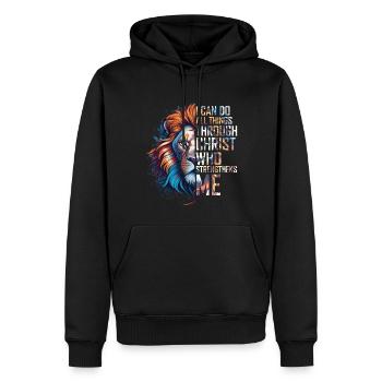Je peux tout faire par la foi du Christ Lion - Sweat à capuche Premium bio Homme - noir - Devant - Nico (187cm)