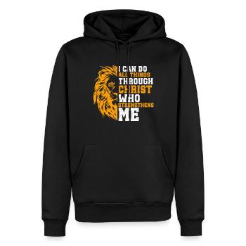 Je peux tout faire par la foi du Christ Lion - Sweat à capuche Premium bio Homme - noir - Devant - Nico (187cm)
