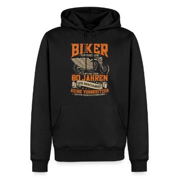 Biker 80. Geburtstag, 80 Jahre Motorradfahrer - Männer Premium Bio Hoodie - Schwarz - Vorne - Nico (187cm)