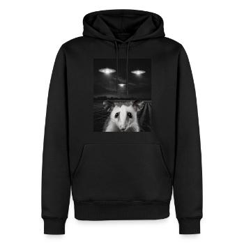 Selfie drôle d’opossum devant des ovnis Opossum OVNI - Sweat à capuche Premium bio Homme - noir - Devant - Nico (187cm)