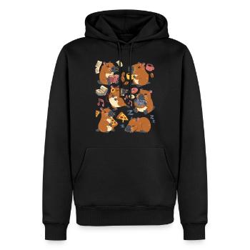 Capybara: Pizza, Kaffee, Donut, Musik, Buch lesen - Männer Premium Bio Hoodie - Schwarz - Vorne - Nico (187cm)