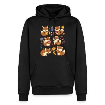 Fuchs: Pizza, Donut, Kaffe, Musik, Buch lesen - Männer Premium Bio Hoodie - Schwarz - Vorne - Nico (187cm)
