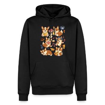 Corgi: Kaffee, Pizza, Donut, Musik, Buch lesen - Männer Premium Bio Hoodie - Schwarz - Vorne - Nico (187cm)