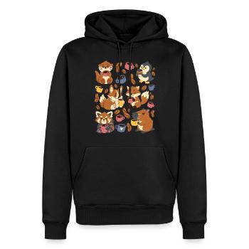 Kaffee: Capybara, Fuchs, Corgi, Otter, Pinguin - Männer Premium Bio Hoodie - Schwarz - Vorne - Nico (187cm)