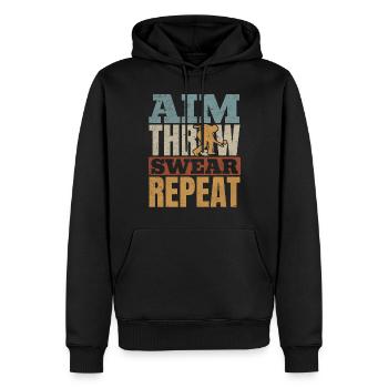 Unihockey - Aim Throw Swear Repeat - Floorball Pla - Männer Premium Bio Hoodie - Schwarz - Vorne - Nico (187cm)