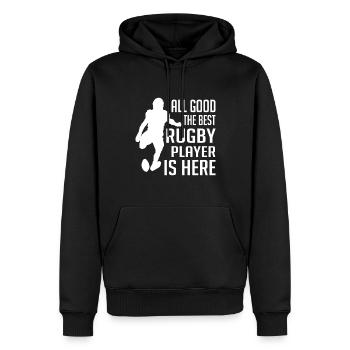 All good the best Rugby Player is here - Rugby Quo - Männer Premium Bio Hoodie - Schwarz - Vorne - Nico (187cm)