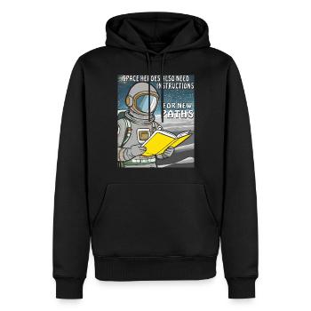 SPACE HEROES ALSO NEED INSTRUCTIONS FOR NEW PATHS - Männer Premium Bio Hoodie - Schwarz - Vorne - Nico (187cm)