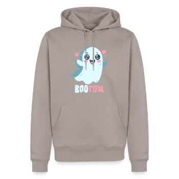 Jeu de mots fantôme - Bootiful - Boo ! - Sweat à capuche Premium bio Homme - taupe - Devant - Nico (187cm)