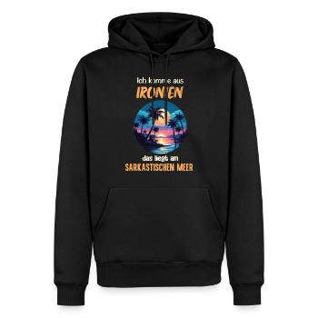 Ich komme aus Ironien liegt am sarkastischen Meer - Männer Premium Bio Hoodie - Schwarz - Vorne - Nico (187cm)