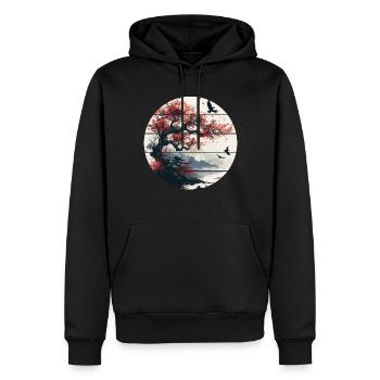Japon Paysage Rouge Lune Oiseaux Esthétique Bonsaï - Sweat à capuche Premium bio Homme - noir - Devant - Nico (187cm)