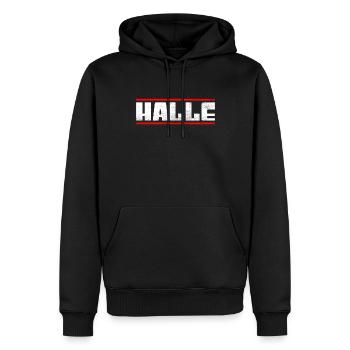 Halle - Männer Premium Bio Hoodie - Schwarz - Vorne - Nico (187cm)