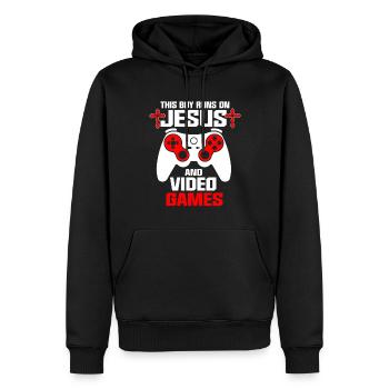 Ce garçon court sur Jésus et les jeux vidéo - Sweat à capuche Premium bio Homme - noir - Devant - Nico (187cm)