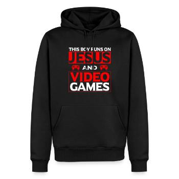 Ce garçon court sur Jésus et les jeux vidéo - Sweat à capuche Premium bio Homme - noir - Devant - Nico (187cm)