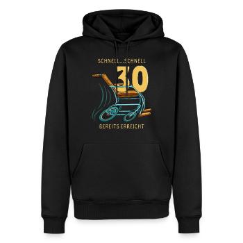 GEHHILFE SCHNELL...SCHNELL 30 BEREITS ERREICHT - Männer Premium Bio Hoodie - Schwarz - Vorne - Nico (187cm)