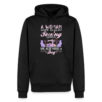 Une femme ne peut pas survivre uniquement en cousant, elle ne peut pas non plus - Sweat à capuche Premium bio Homme - noir - Devant - Nico (187cm)